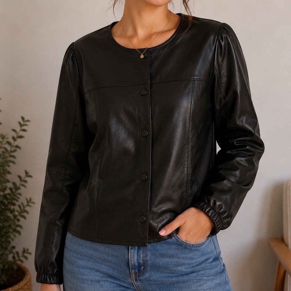 Chicos Size 2 Faux Leather Jacket Black Snap Front Soft Lined Moto Minimalist